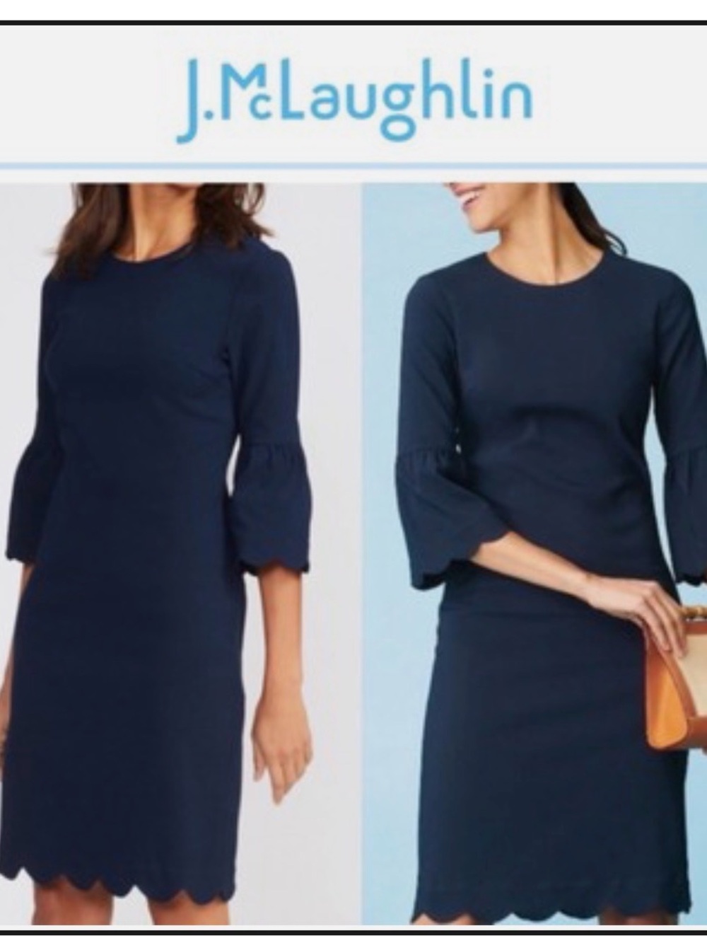J. McLaughlin Elle Navy Scalloped Hem Bell Sleeve Dress